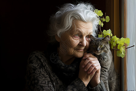 和猫咪相伴的老人图片