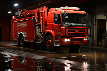 消防站中的红色消防车图片