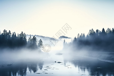 迷雾中的湖泊图片
