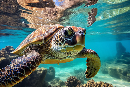 海底海草浮潜的可爱海龟背景