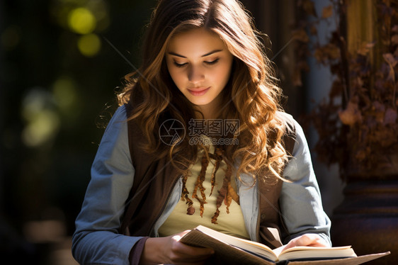 温暖秋日的读书少女图片