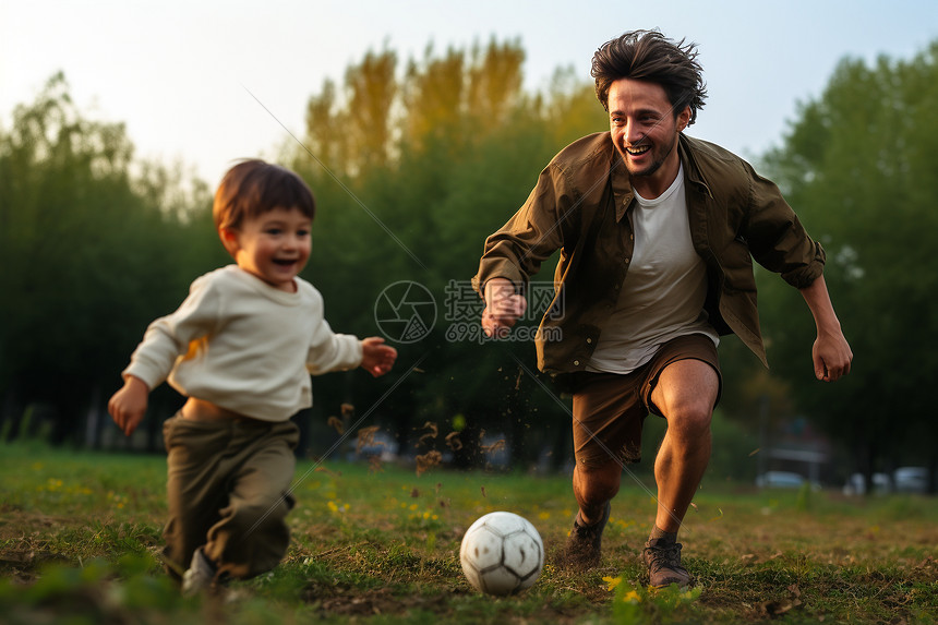 草地上开心踢足球的父子图片