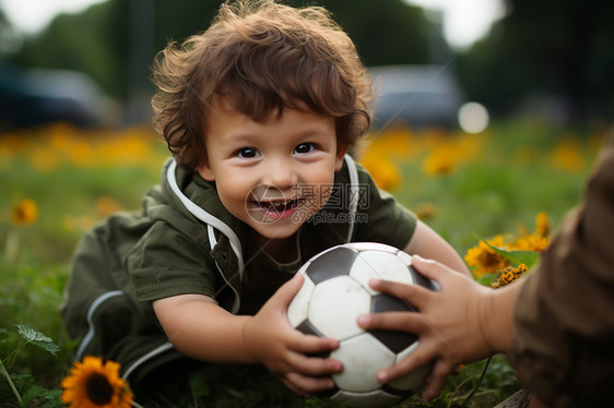 草坪上开心玩足球的男孩图片