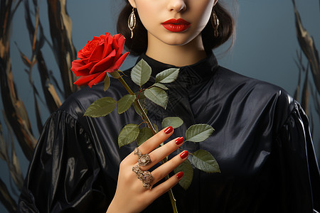 手拿一朵红玫瑰手拿红玫瑰的时尚女子背景