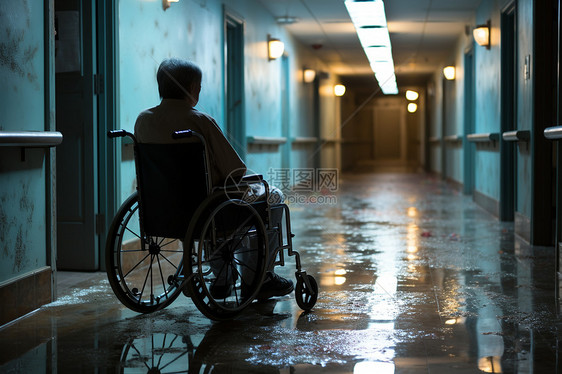 走廊中坐在轮椅上的老人图片