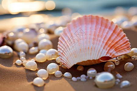 天然珍珠沙滩上天然的珍珠贝壳背景