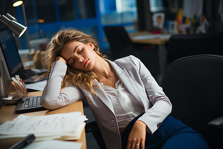 办公室中疲惫的职场女性图片