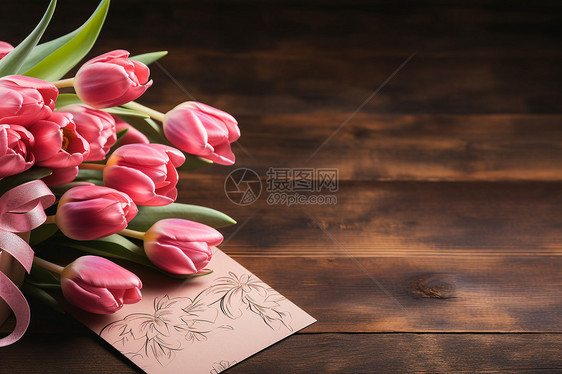 桌子上的郁金香和信封图片