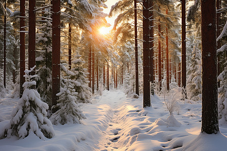 森林的白色雪径图片