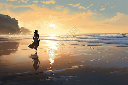 行走的夕阳下海滩上的女子背景