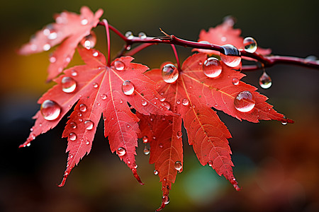 雨滴psd红色枫叶上的水滴背景