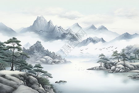 山水雪白世界的美景高清图片