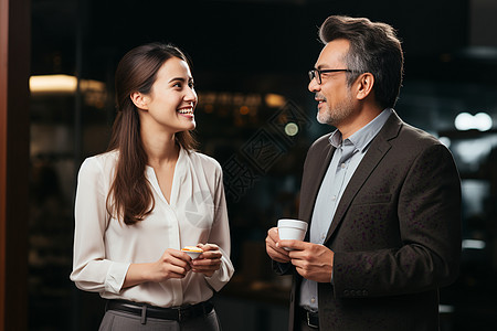 互相握着咖啡杯交谈的商人图片