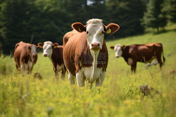 牛群在绿草地上吃草图片