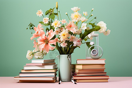 桌子上的书本和花束图片