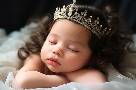 婴女带皇冠在白毯上闭眼睡.图片