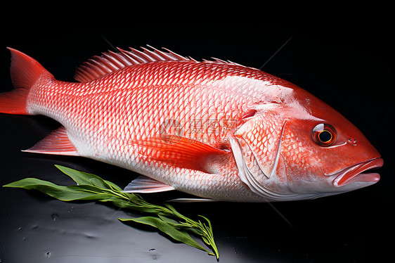 红鲷鱼在黑色水滴背景下展示图片