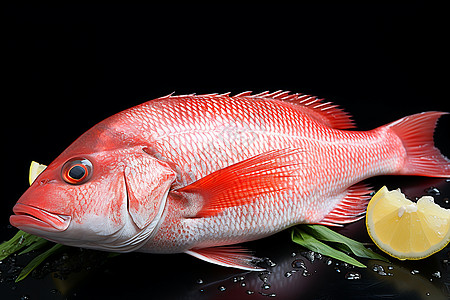 鱼在水里美味的红鱼伴柠檬在黑色表面上背景