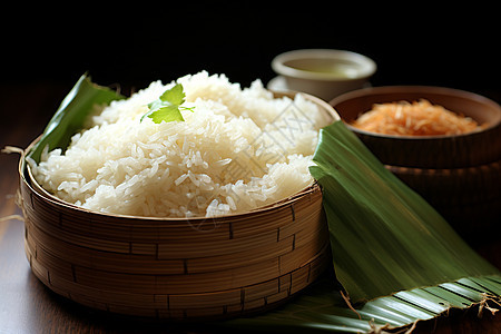白米饭和绿叶装在竹篮中图片