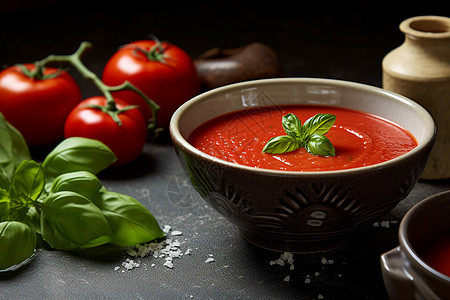 桌上的番茄汁和青菜图片