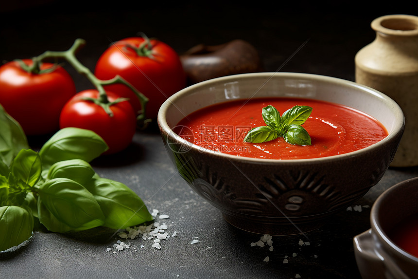 桌上的番茄汁和青菜图片