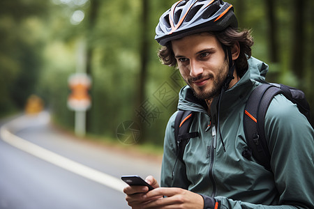 手机男子在森林前路边站着图片