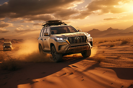 越野车快速行驶在沙漠图片