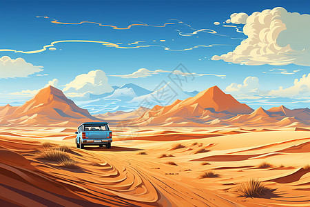 沙漠上行驶的汽车图片