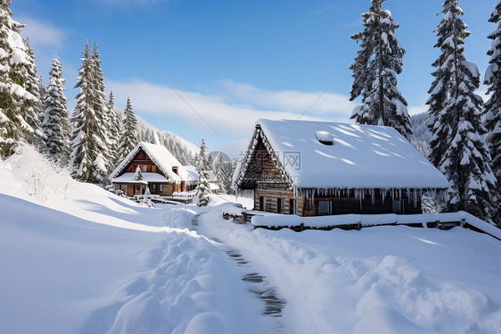 冬日山居雪景图片