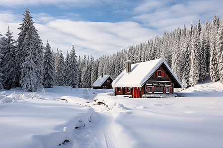 雪房屋雪中的树林背景