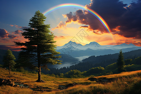 缥缈的仙境蓝天彩虹高清图片