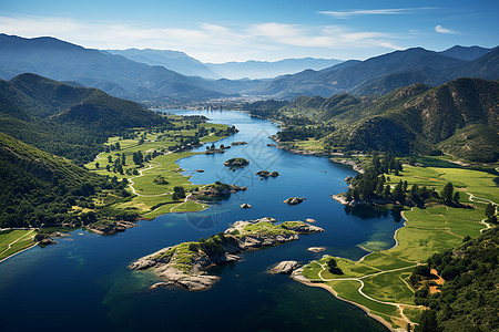 航拍山湖山绿树的风景背景