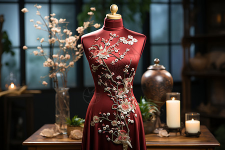 红色树枝刺绣旗袍图片