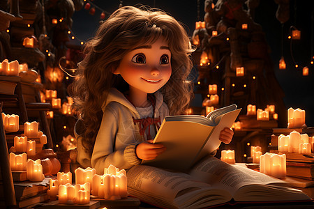 蜡烛旁读书的女孩图片