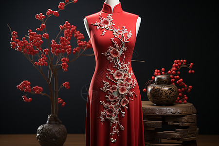 中式花瓶红色花纹旗袍服装背景