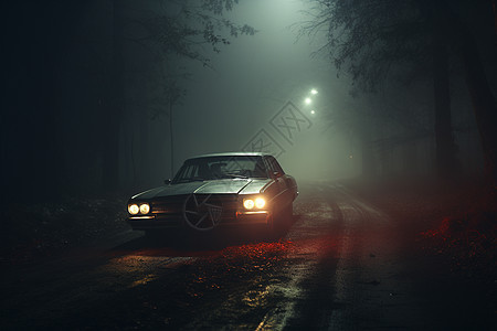 迷雾森林中行驶的老式汽车图片