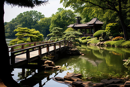 湖畔草坪湖畔小桥背景