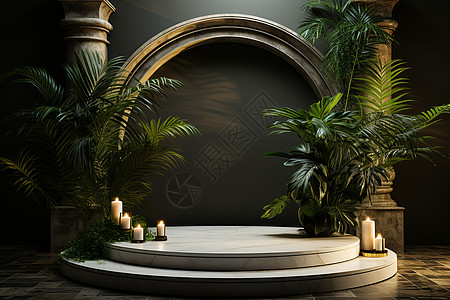 棕榈叶装饰的圆形展台图片