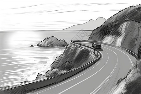 海岸公路上一辆小轿车背景图片