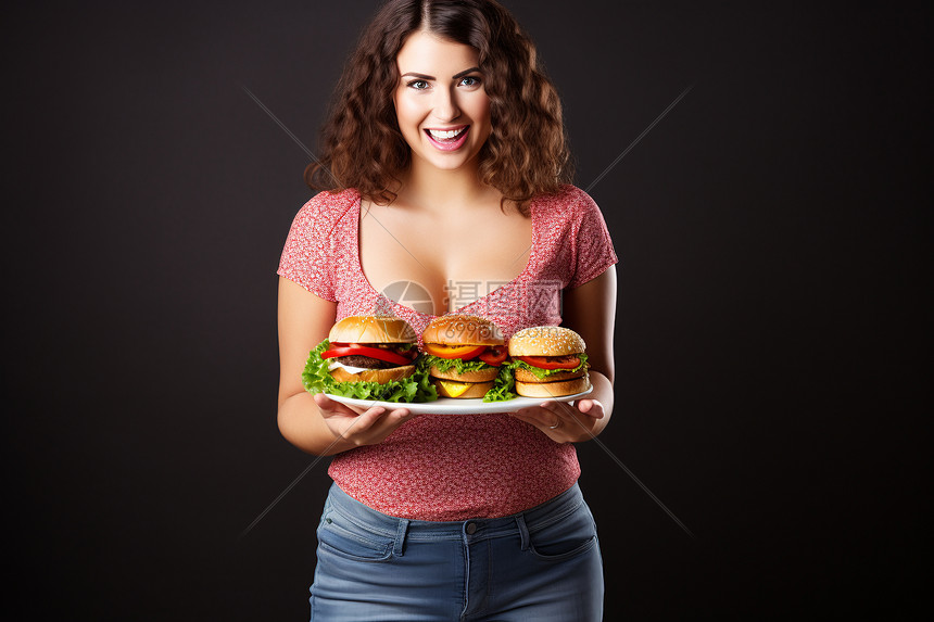 快乐女士享用美味的汉堡图片