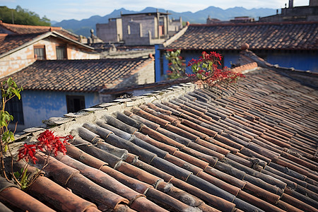 红砖屋屋顶上的鲜花背景