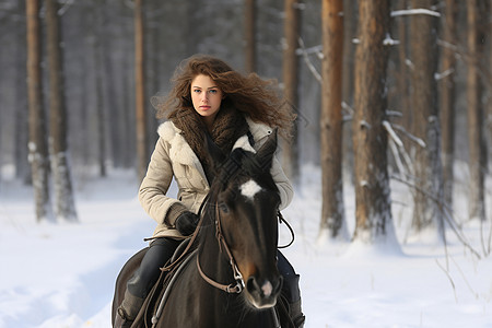 雪地骑马冬日森林里骑马女性背景