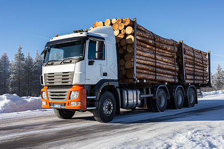 冬季里满载的木材车图片