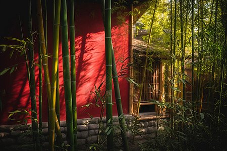 阳光竹林竹林里的寺庙背景