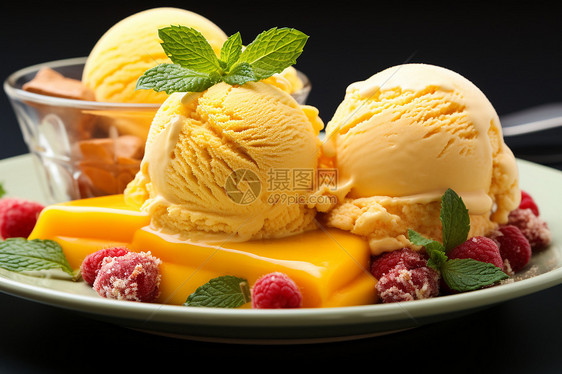 盘子里的冰淇淋甜点图片