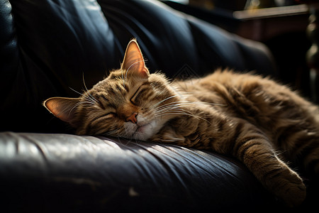 在睡觉猫咪懒洋洋的猫咪在黑色沙发上睡觉背景