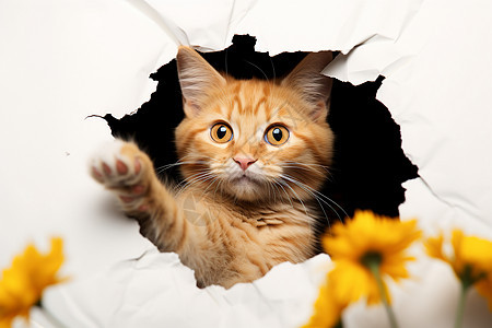 纸墙洞口的猫咪图片