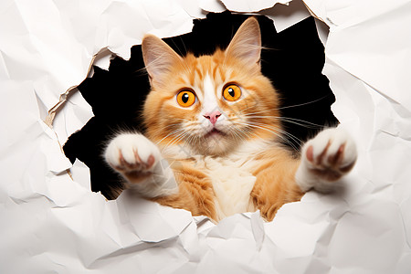 可爱的猫咪从纸墙洞口伸出爪子图片