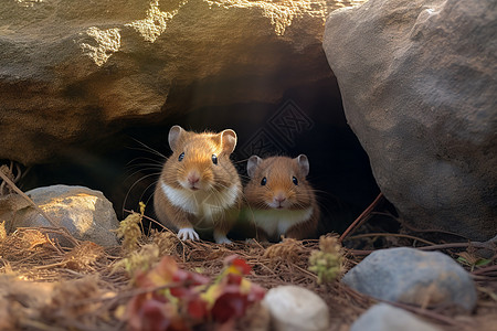 两只仓鼠坐在岩石洞穴里图片