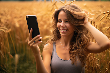 女子在麦田中拿着手机自拍图片